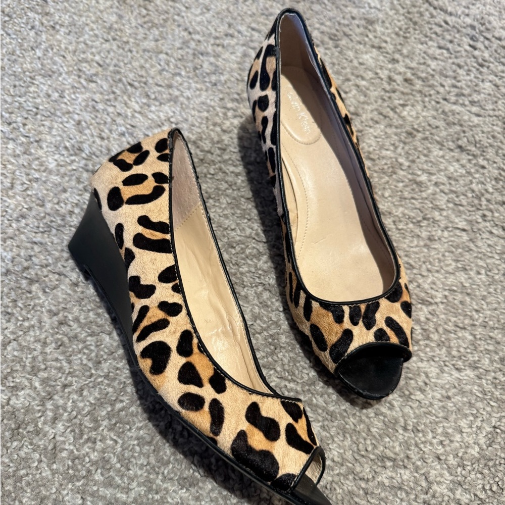 Leopard Print Fur Peep Toe Wedge Shoes